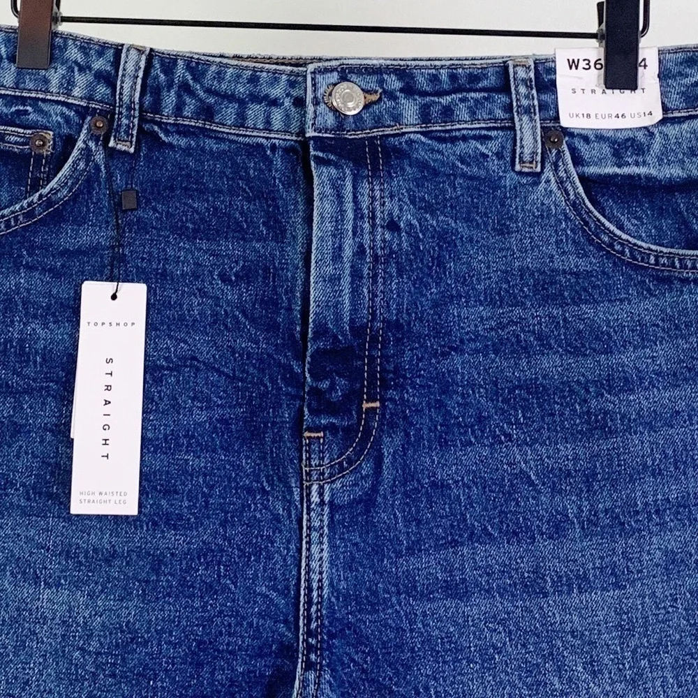 NWT Topshop High Rise Straight Raw Hem Dark Wash Rigid Cotton Jeans In Blue